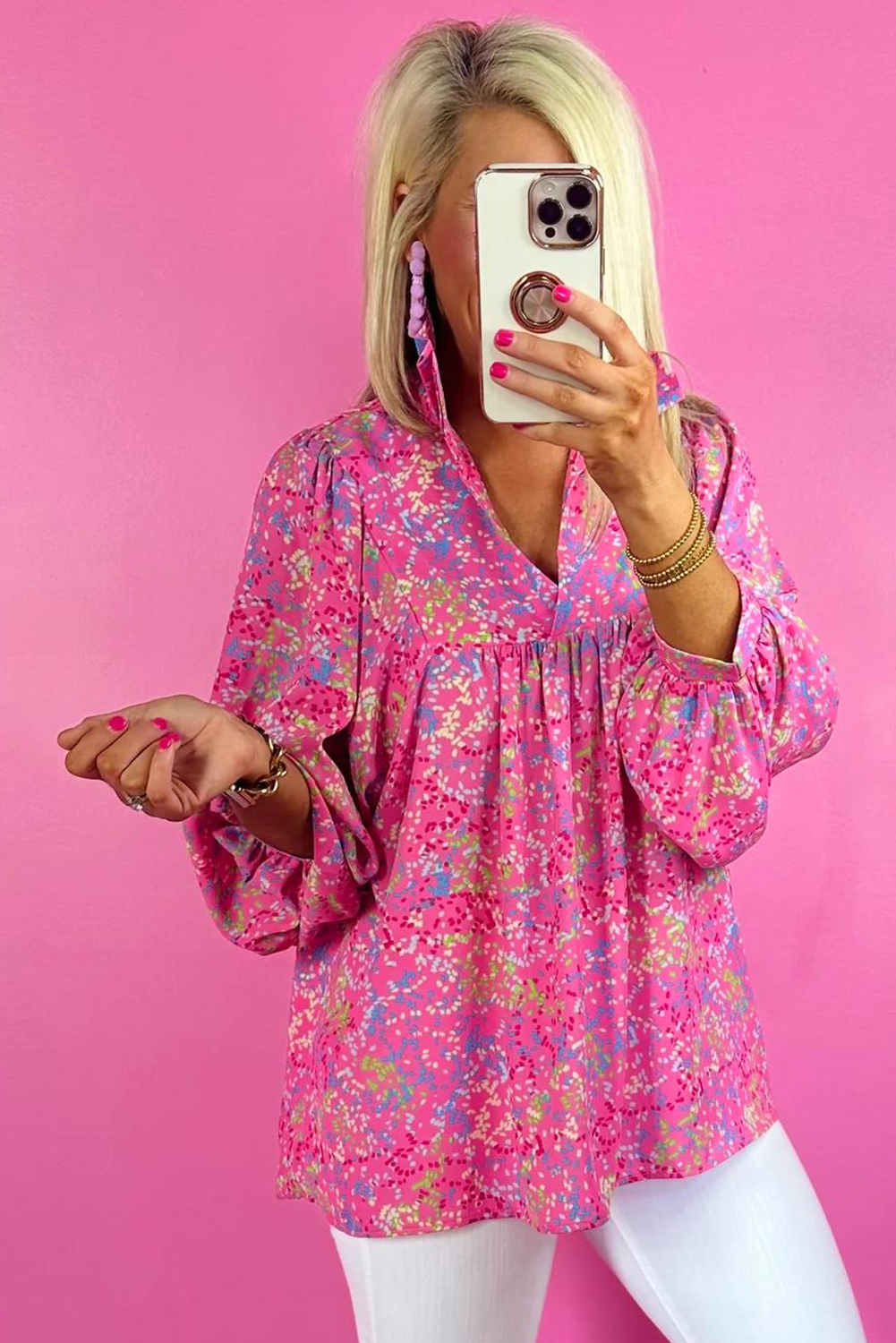 Bonbon Abstract Print Collared V Neck Babydoll Blouse - Image 5