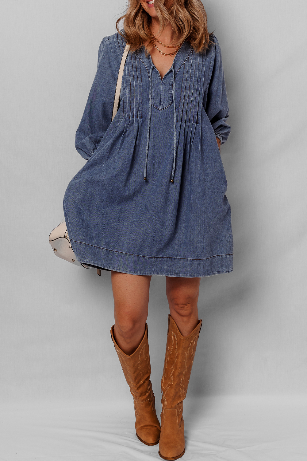 Sail Blue 3/4 Sleeve Tied V Neck Pleated Denim Mini Dress - Image 7