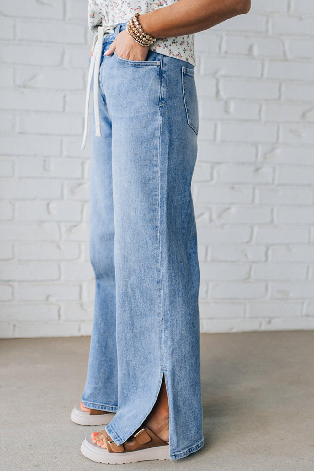 Myosotis Slit Leg High Rise Drawstring Casual Jeans - Image 4