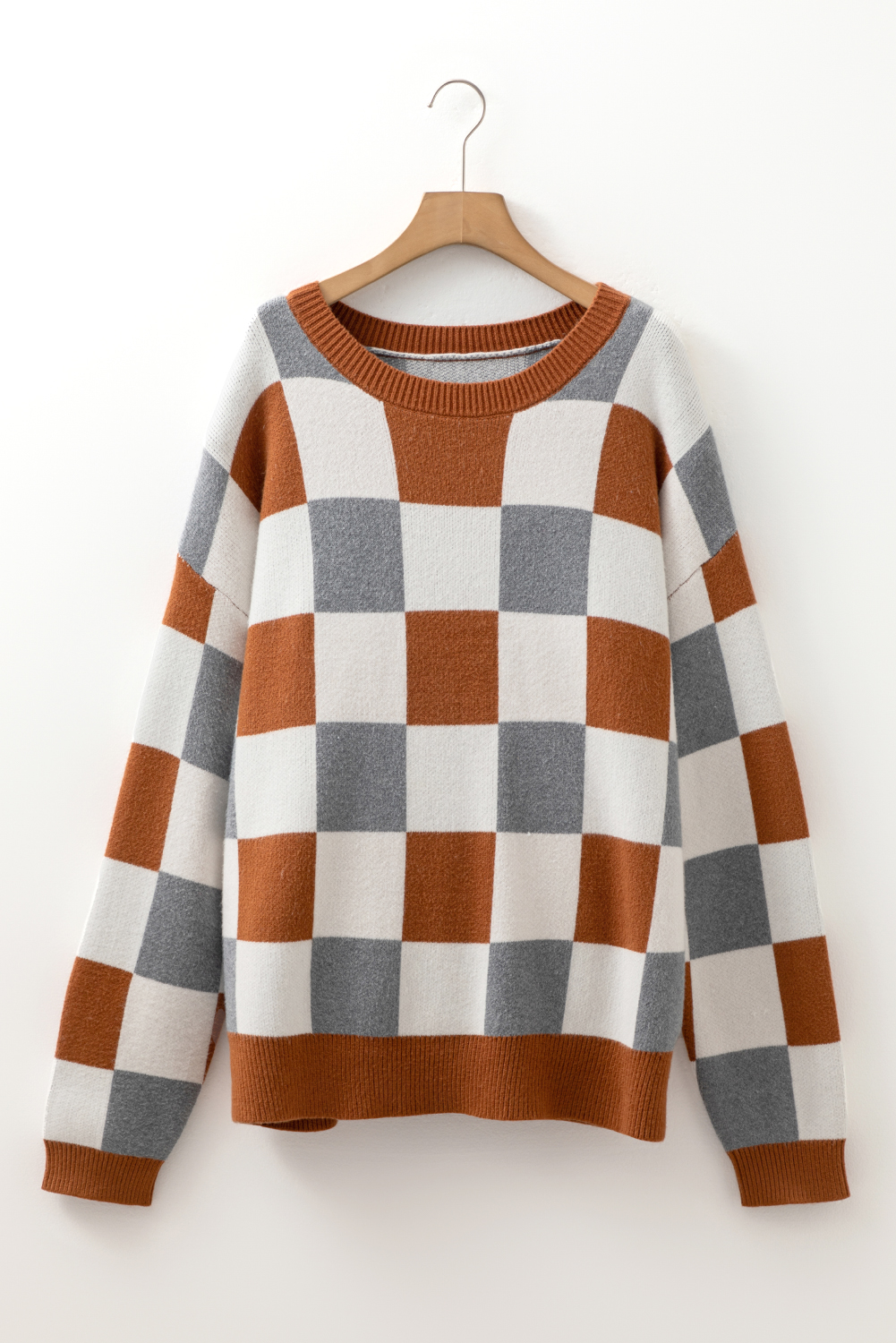 Brown Plus Size Checkered Crewneck Sweater - Image 4