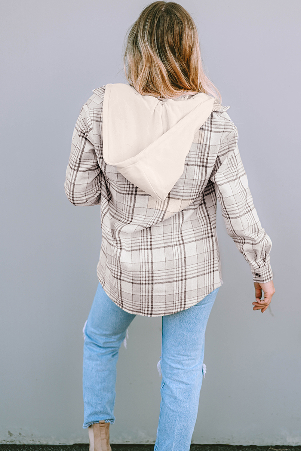Khaki Plaid Removable Hood Buttoned Shacket - Image 7