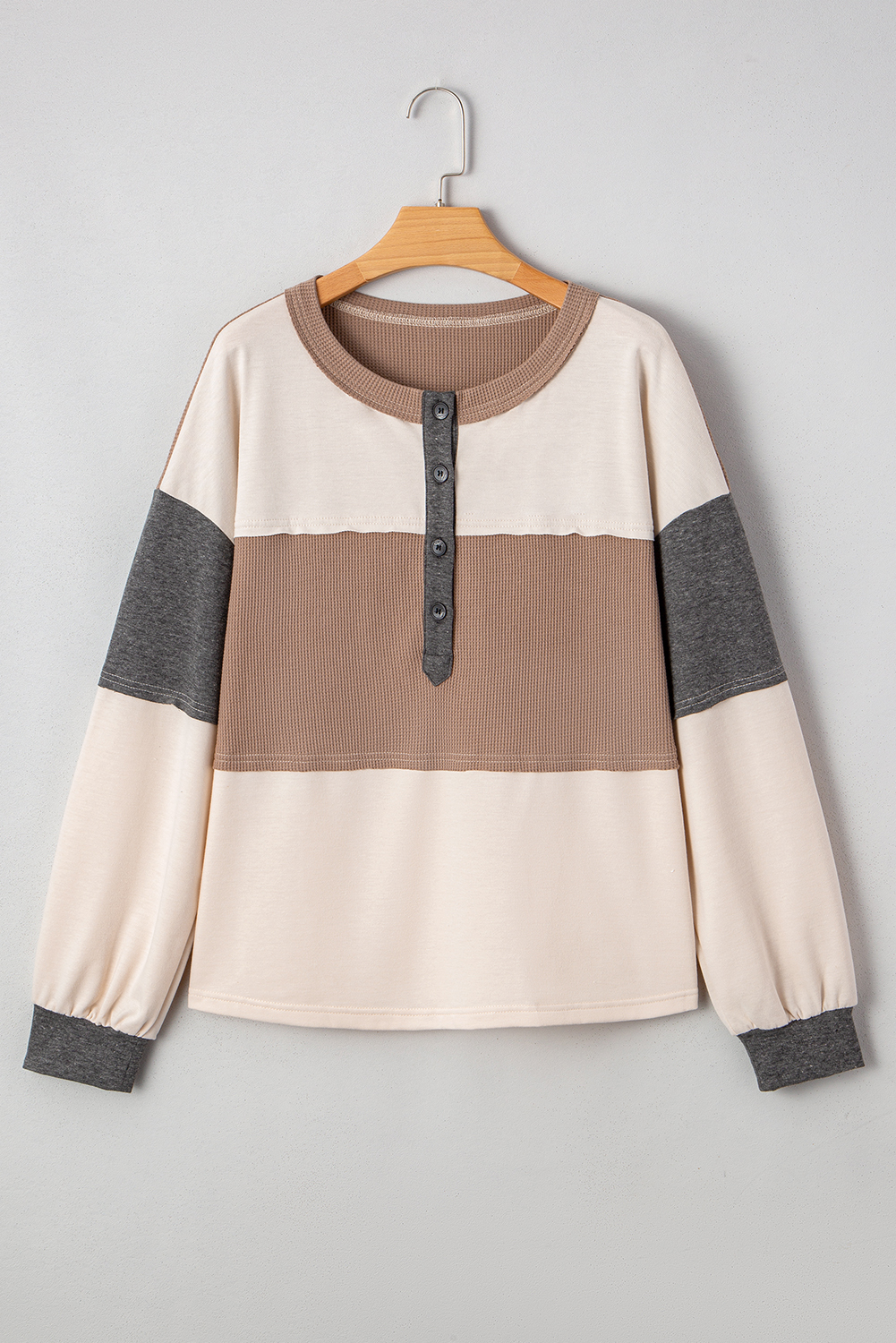 Jet Stream Color Block Waffled Patchwork Loose Henley Top - Image 4