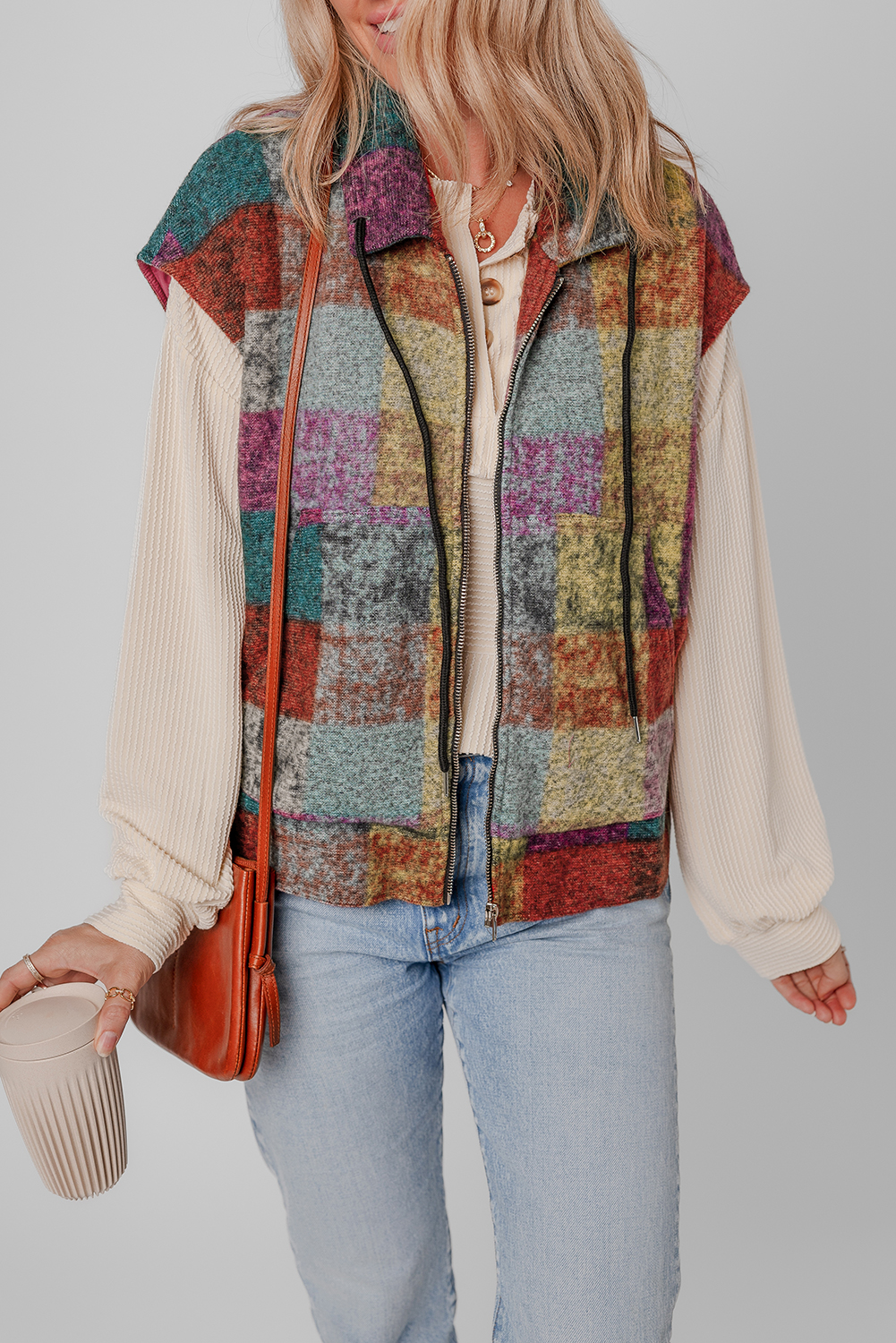 Multicolor Plaid Print Side Pockets Zipped Loose Vest - Image 7