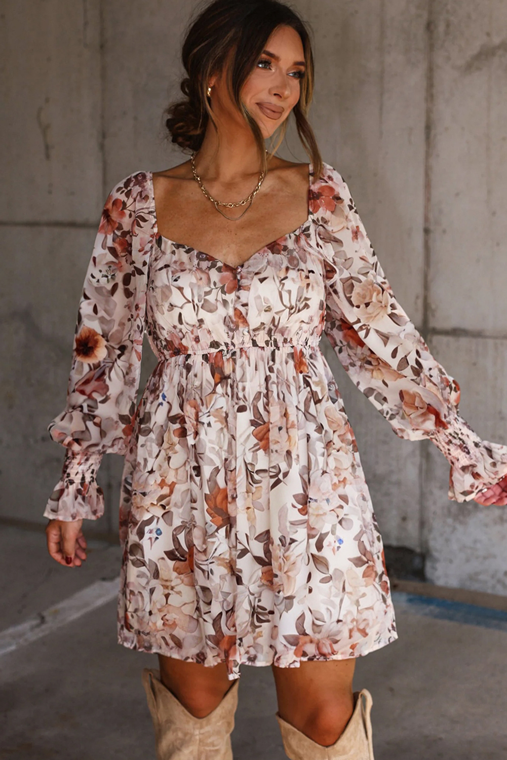 White Floral Print Sweetheart Neck Long Sleeve High Waist Mini Dress - Image 5