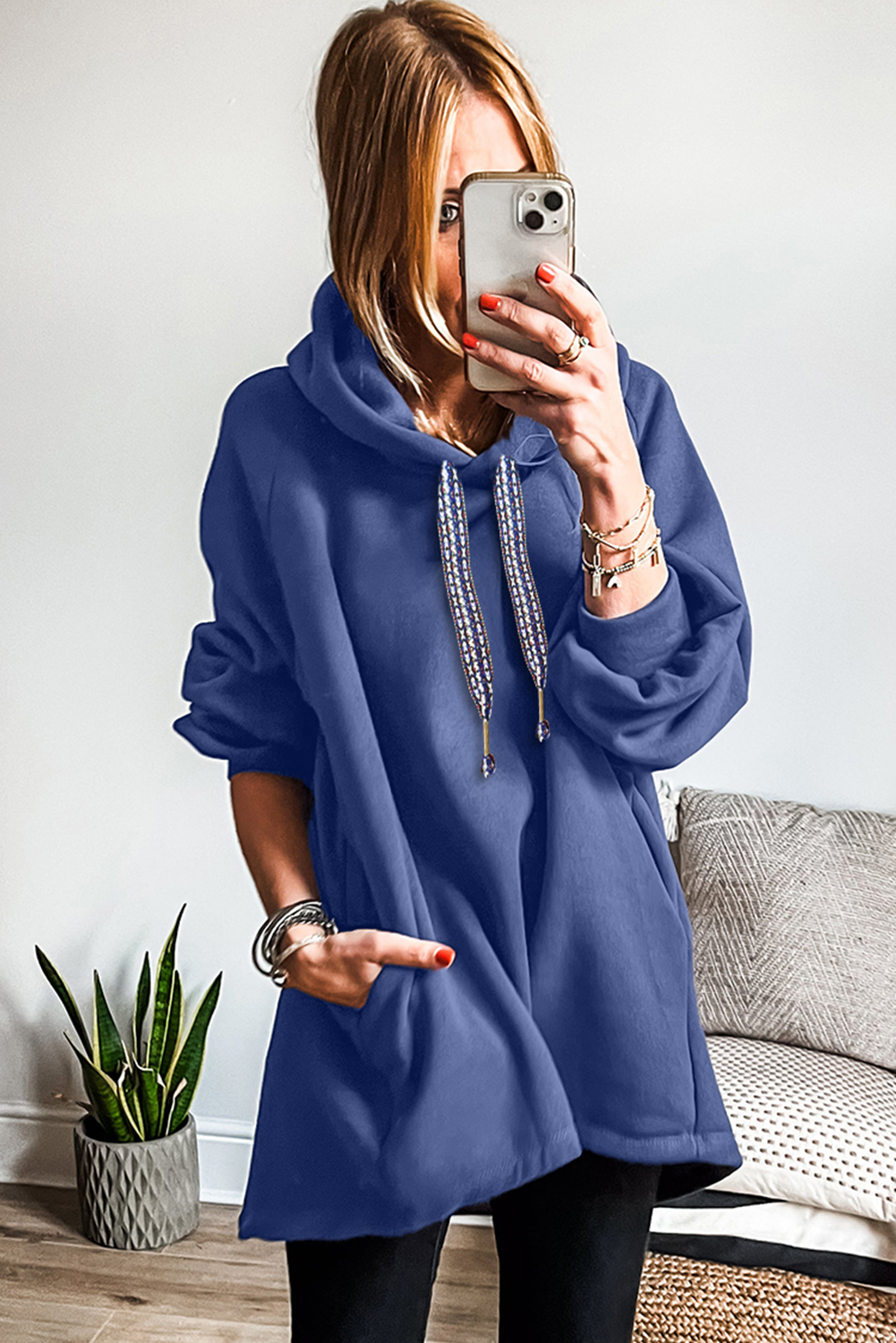 Dirty blue Fleece Lined Adjustable Drawstring Oversize Tunic Hoodie - Image 2