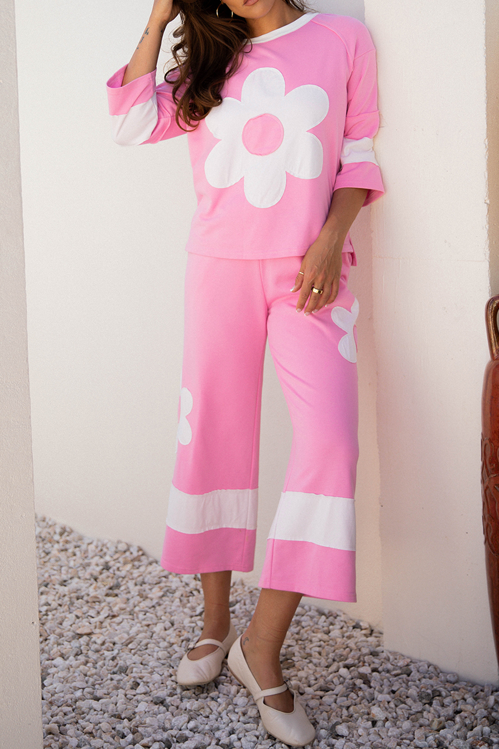 Orchid Bouquet Big Flower Patched Raw Seam Color Block 2 Piece Loose Pant Set - Image 5
