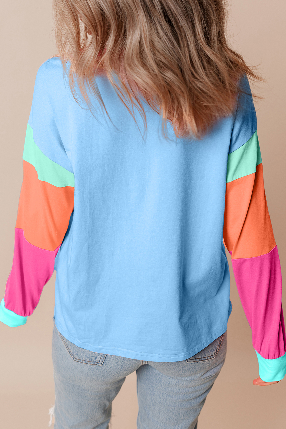 Dark Blue Colorblock Patchwork Long Sleeve Loose Top - Image 6