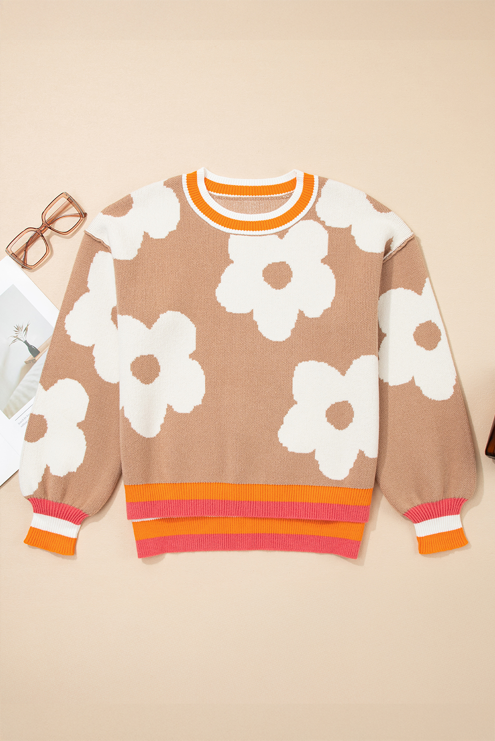 Smoke Gray Big Flower Pattern Contrast Striped Baggy Sweater - Image 3