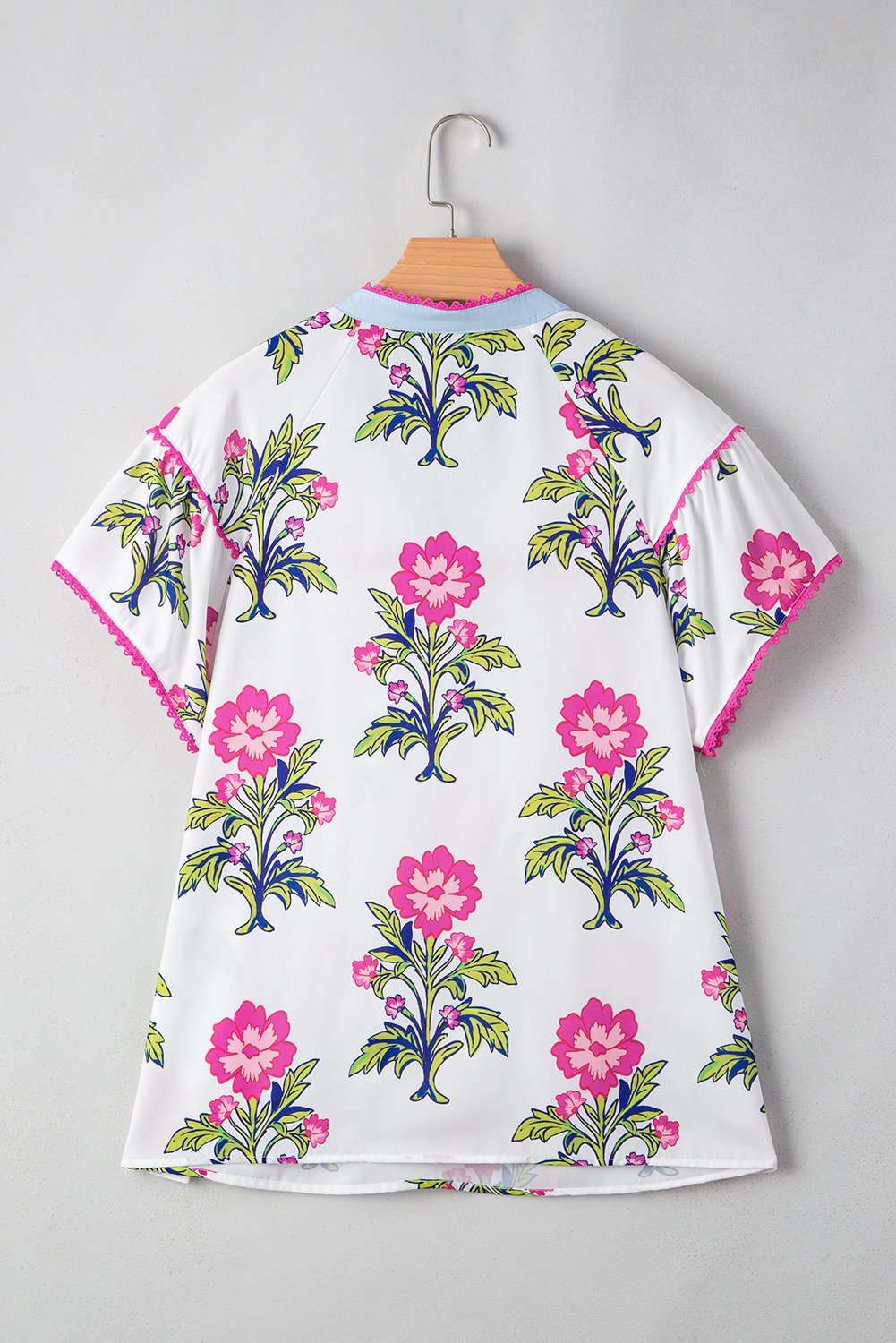 Rose Vintage Floral Print Contrast Notched V Neck Plus Size Summer Blouse - Image 5