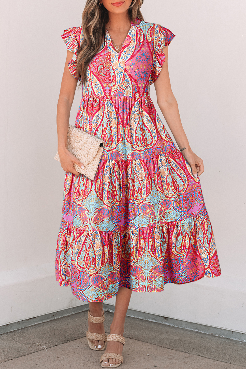 Rose Tribal Paisley Print Ruffled Sleeve Notch Neck Midi Dress - Image 8
