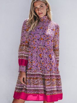 Purple Floral Smocked Puff Sleeve High Neck Mini Dress