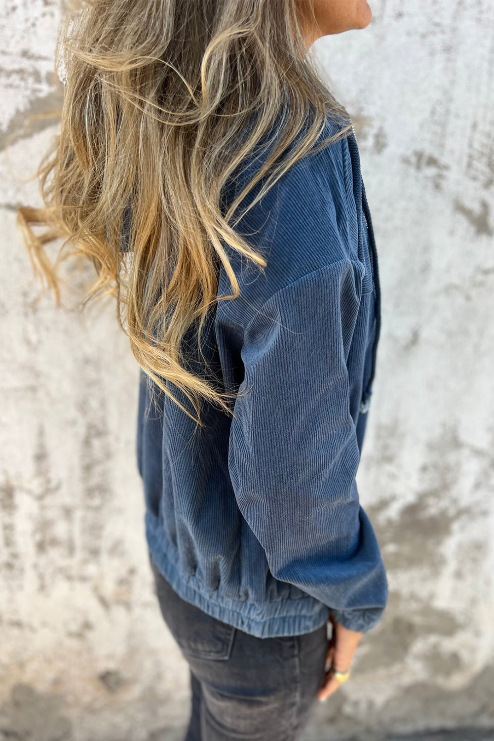 Real Teal Corduroy Drawstring Hooded Pocket Zip Up Jacket - Image 3