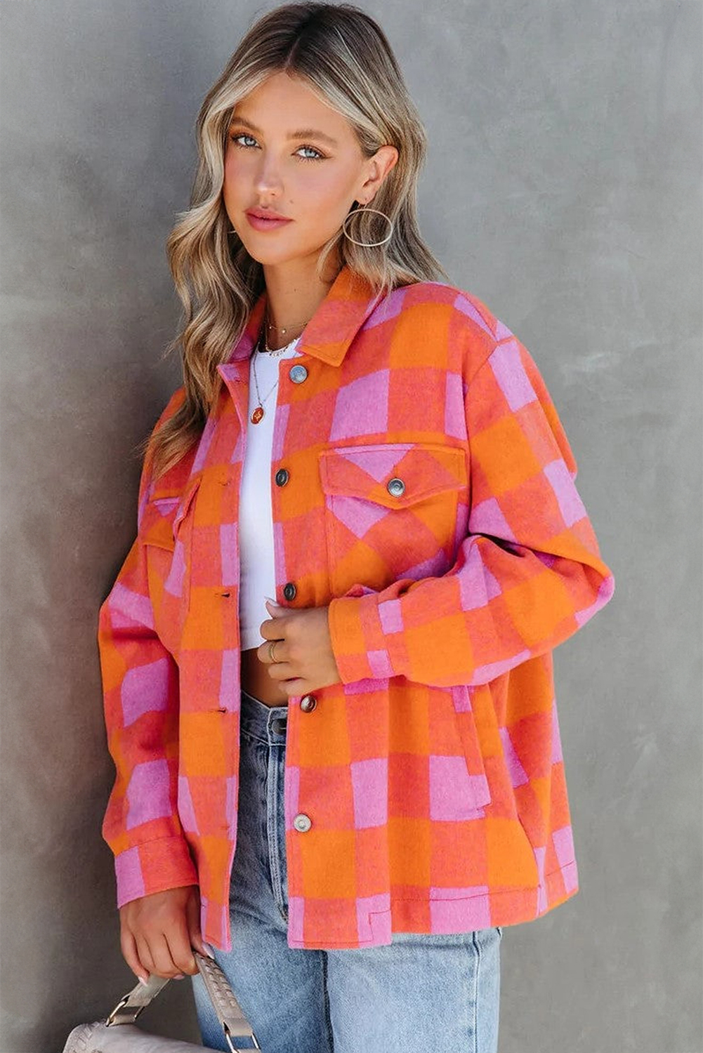 Orange Plaid Chest Pockets Button-up Turn Down Collar Jacket - Image 4