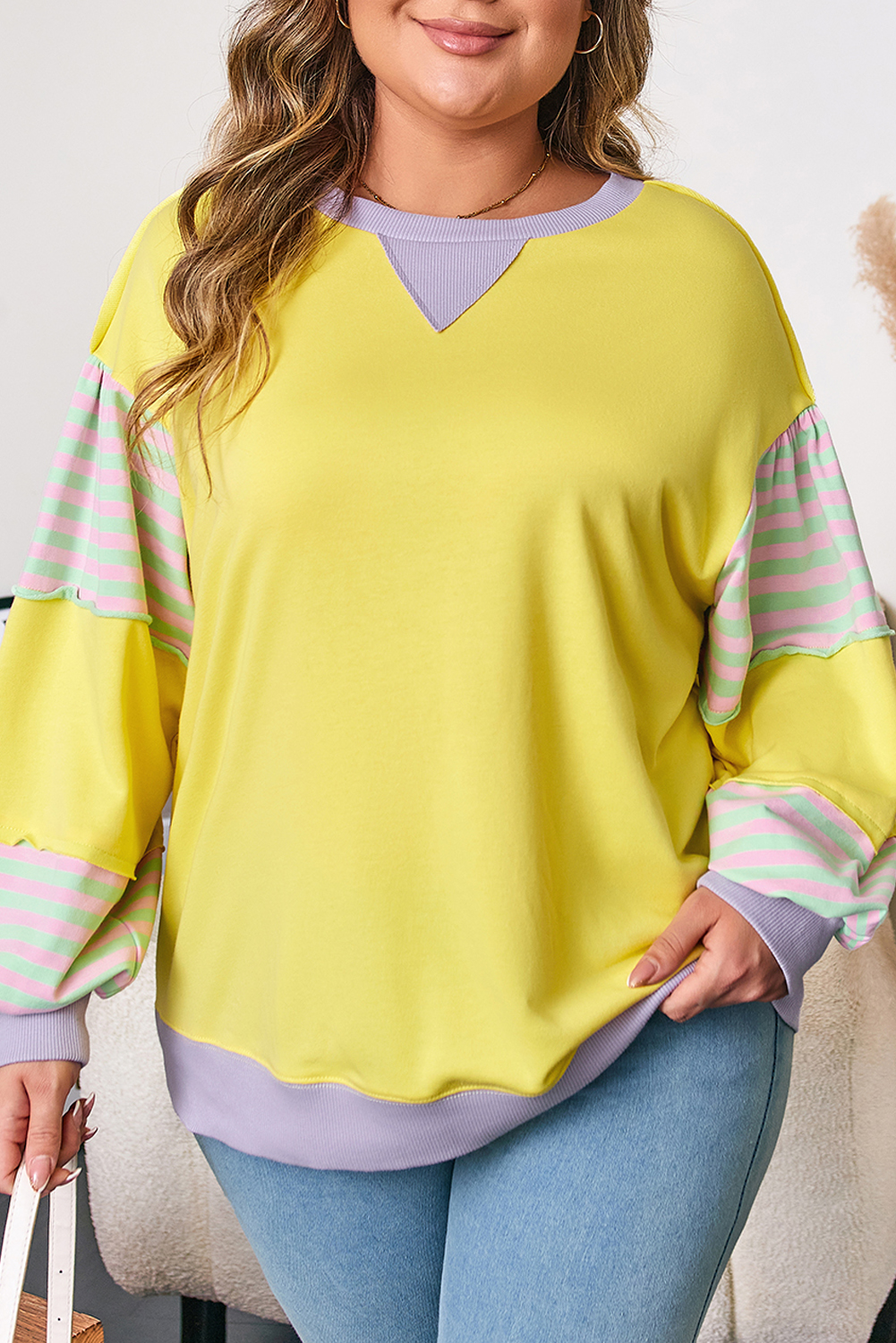 Yellow Striped Color Block Patchwork Crewneck Plus Size Pullover Sweatshirt - Image 7
