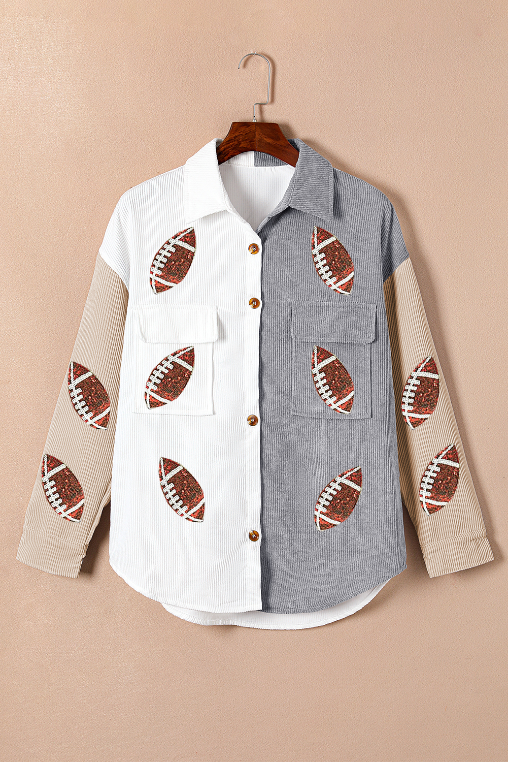 White Sequin Rugby Graphic Flap Pockets Corduroy Shacket - Image 4