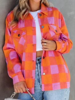 Orange Plaid Chest Pockets Button-up Turn Down Collar Jacket