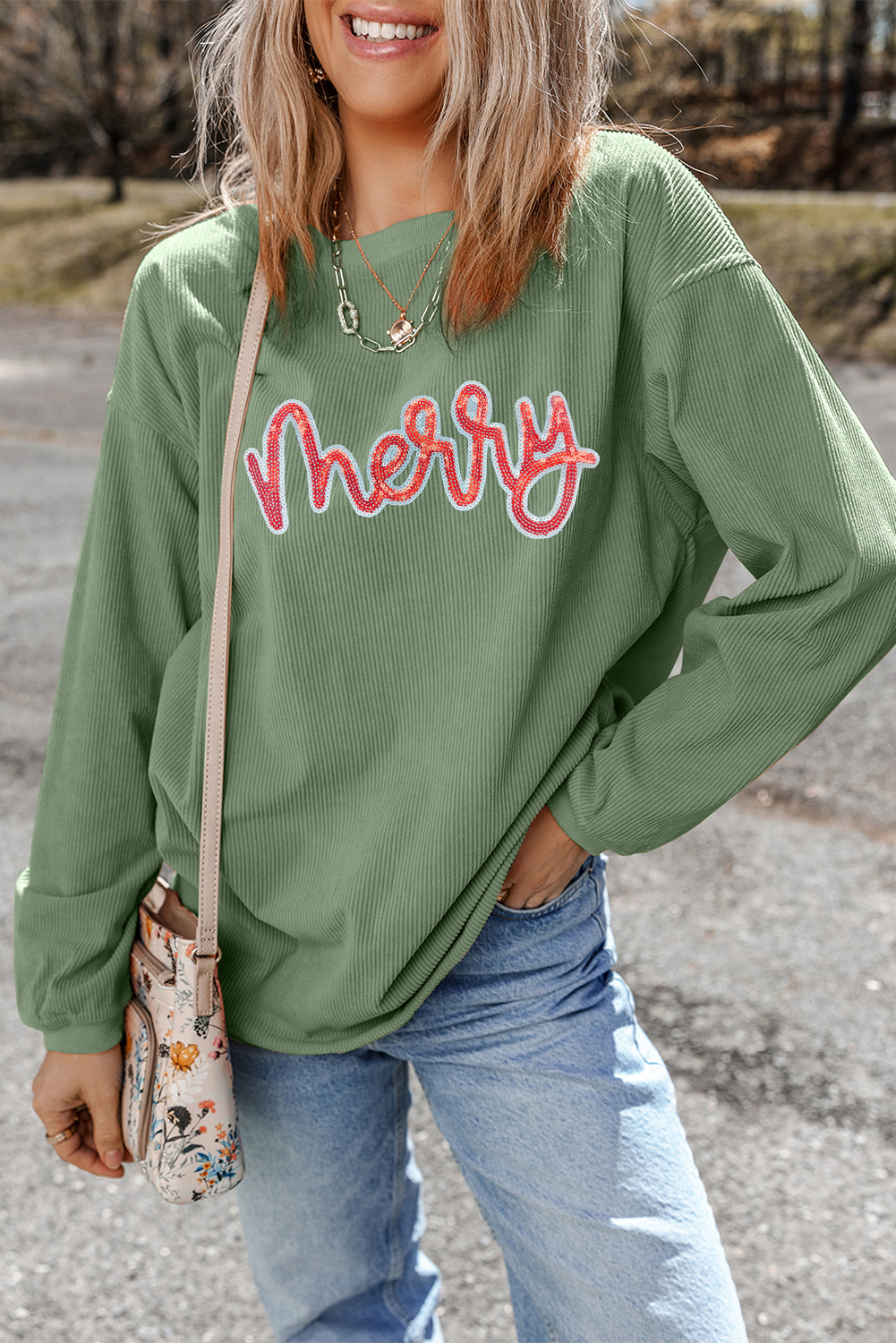 Grass Green Sequined merry Letter Graphic Twisted Ribbed Baggy Sweatshirt - Image 5