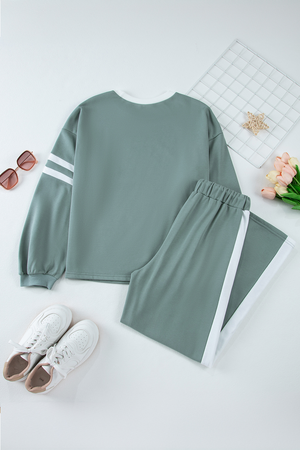 Blue Varsity Stripe Patchwork Puff Sleeve Pullover Drawstring Wide Leg Pant Set - Image 8