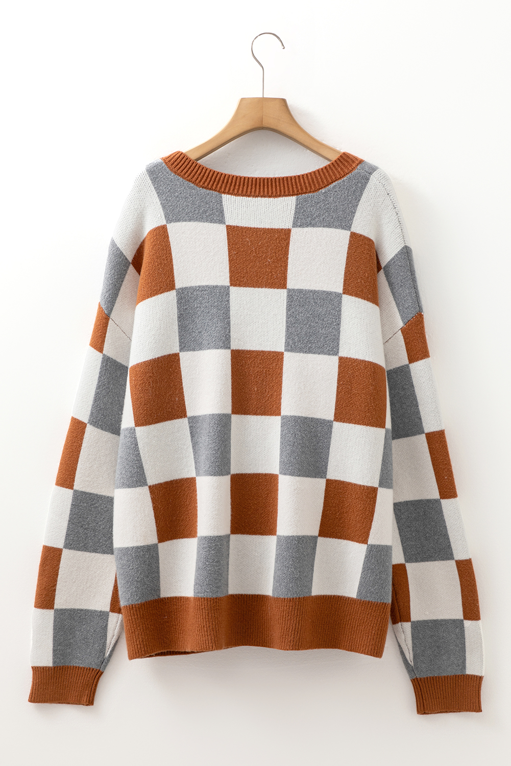 Brown Plus Size Checkered Crewneck Sweater - Image 5