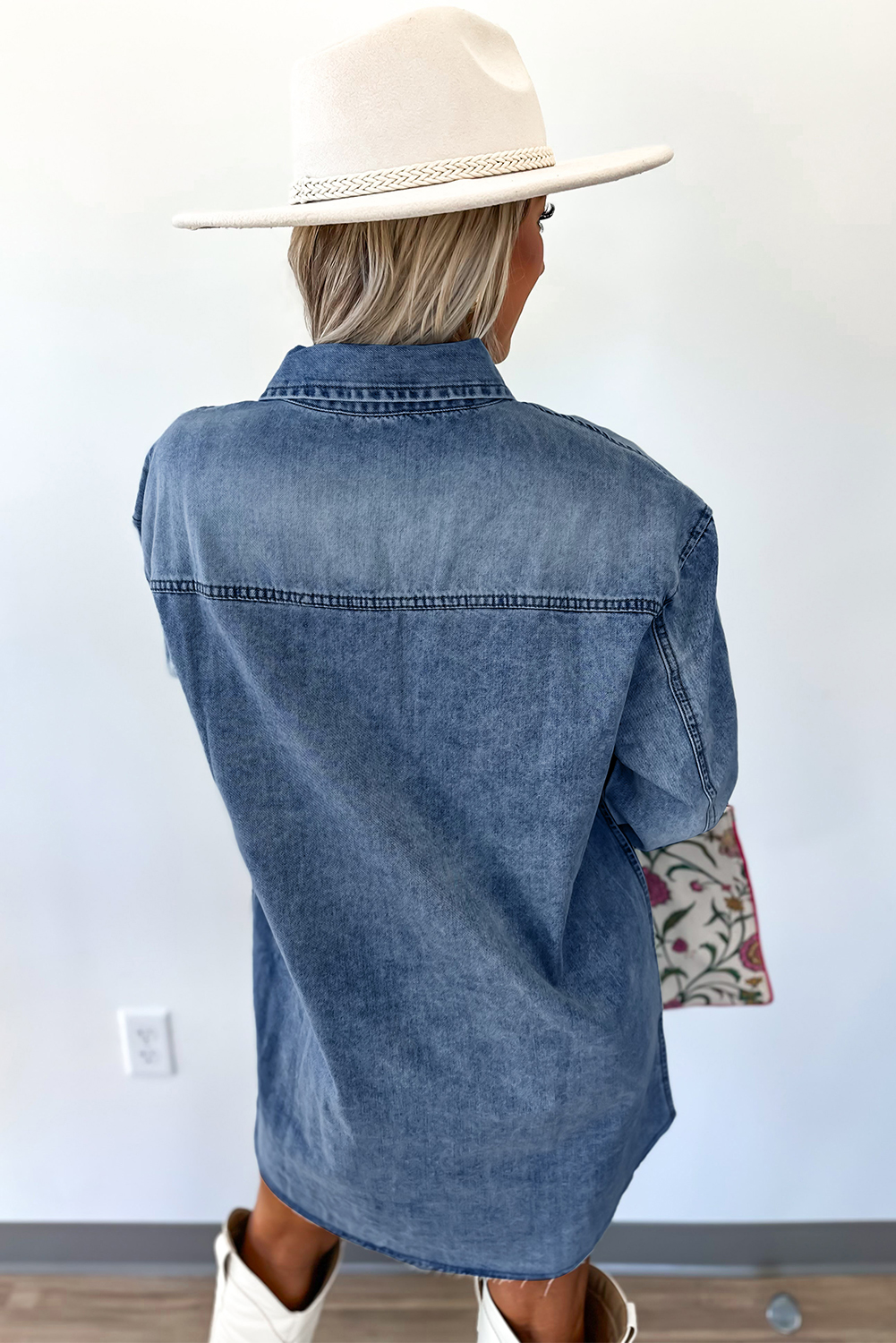 Blue Beau Chest Pocket Raw Hem Denim Loose Shirt Dress - Image 2