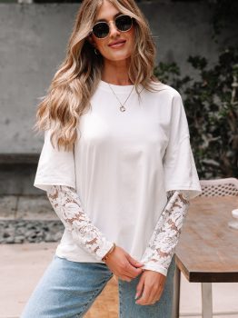White Lace Long Sleeve Insert Drop Shoulder Tee