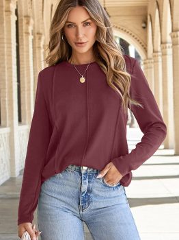 Red Dahlia Solid Exposed Seam Crew Neck Long Sleeve Top