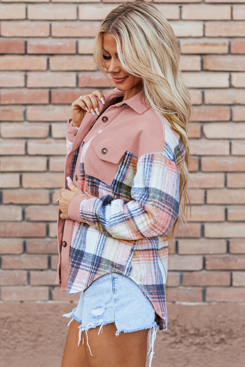 Light Pink Plaid Corduroy Patchwork Chest Pocket Shacket - Image 3