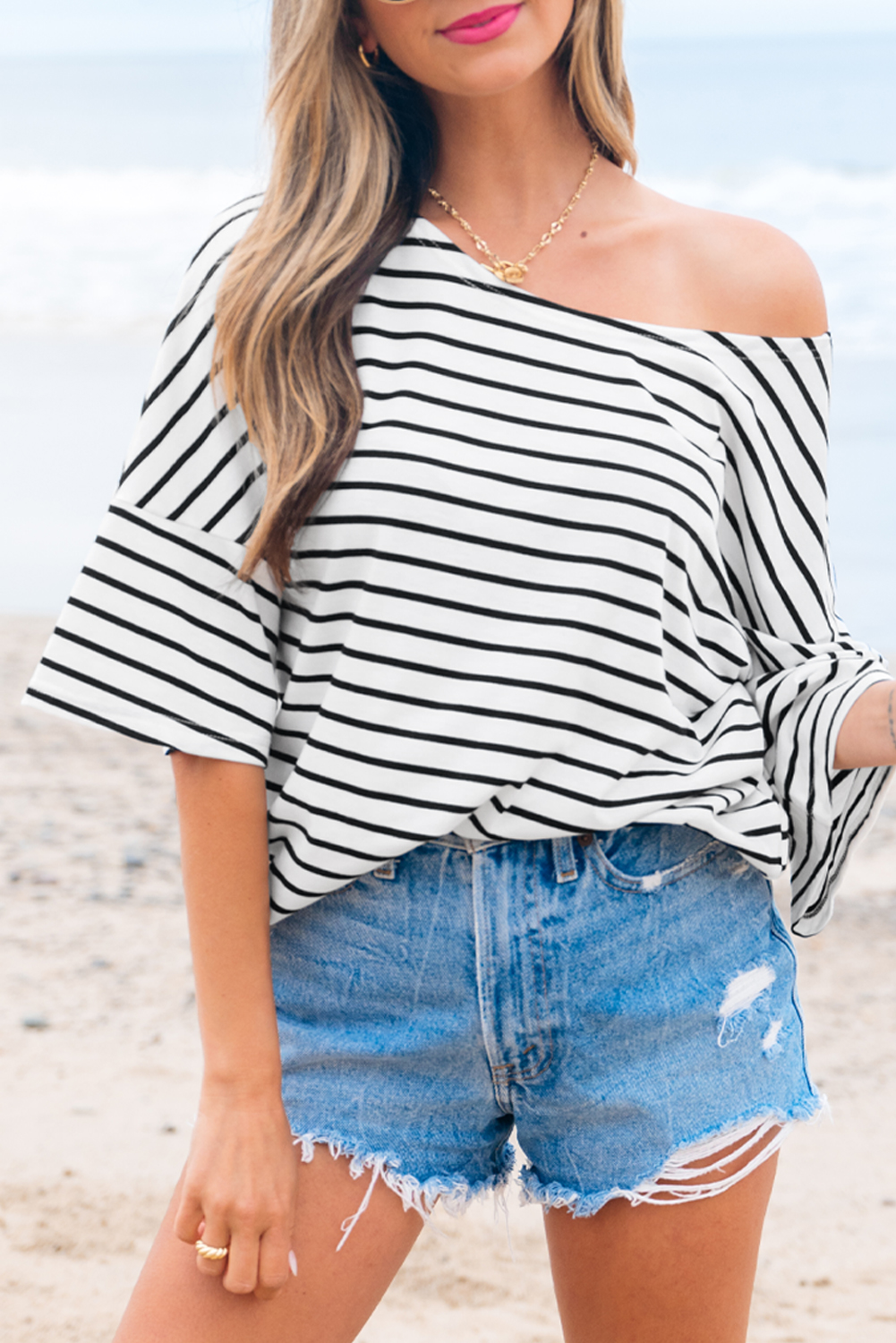 Black Stripe Half Sleeve Scoop Neck Loose Top - Image 7