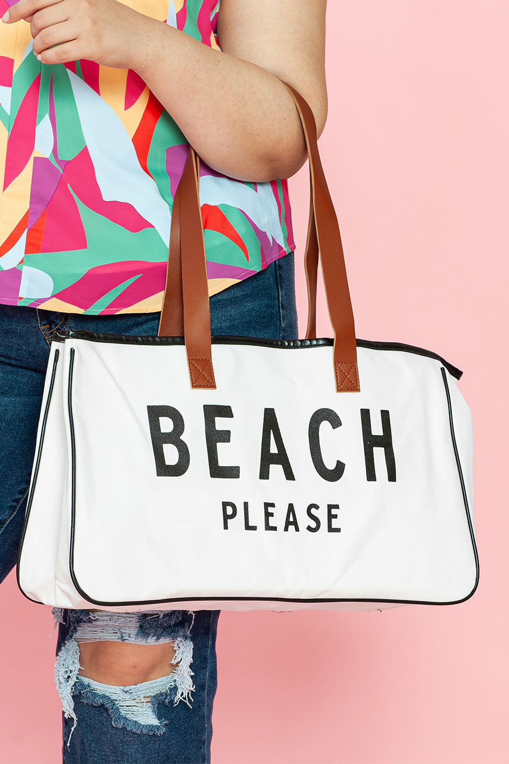 White BEACH PLEASE Print Large Canvas Tote Bag - Image 5