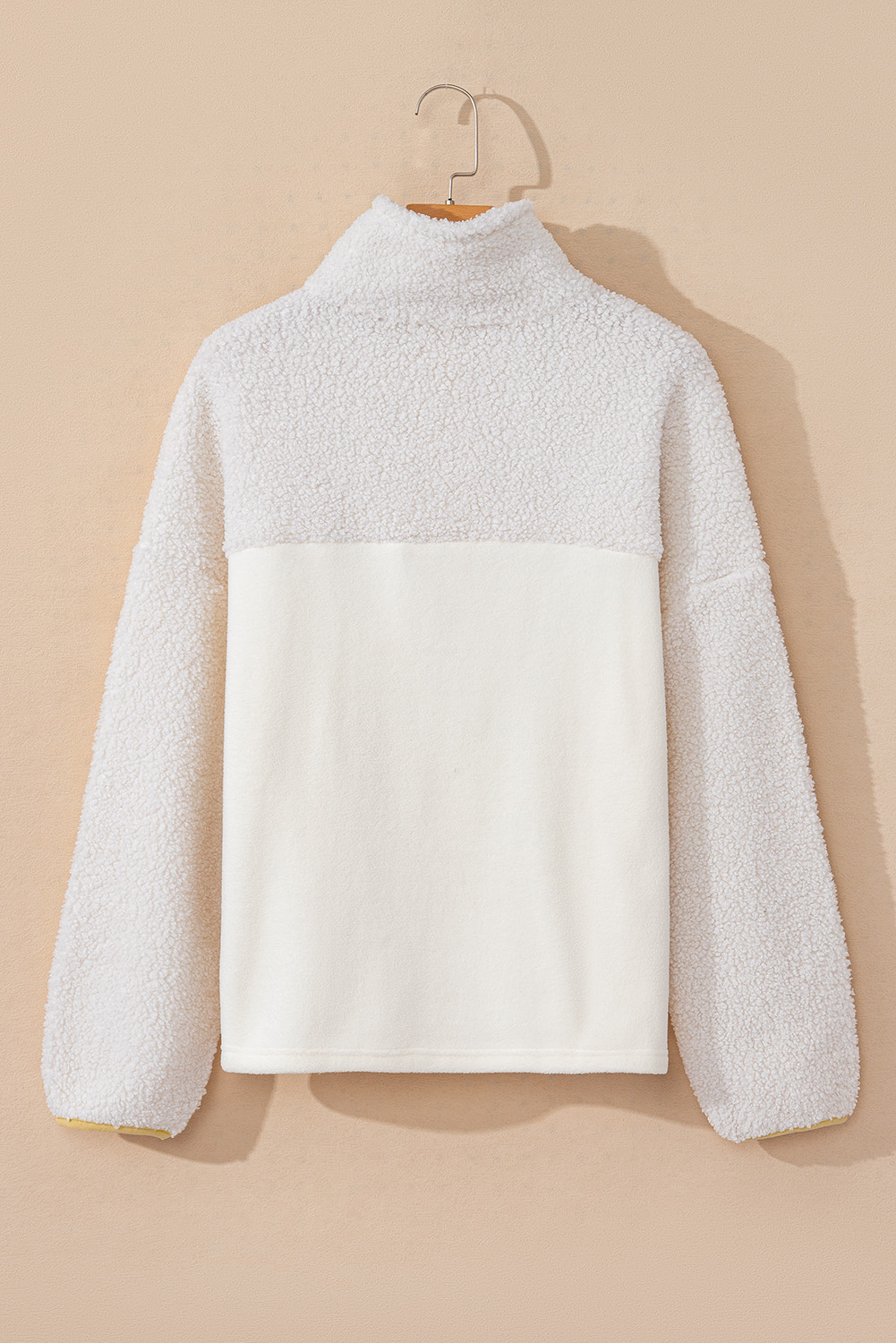 Beige Fleece Colorblock Trim Buttons Collar Sweatshirt with Pocket - Image 8