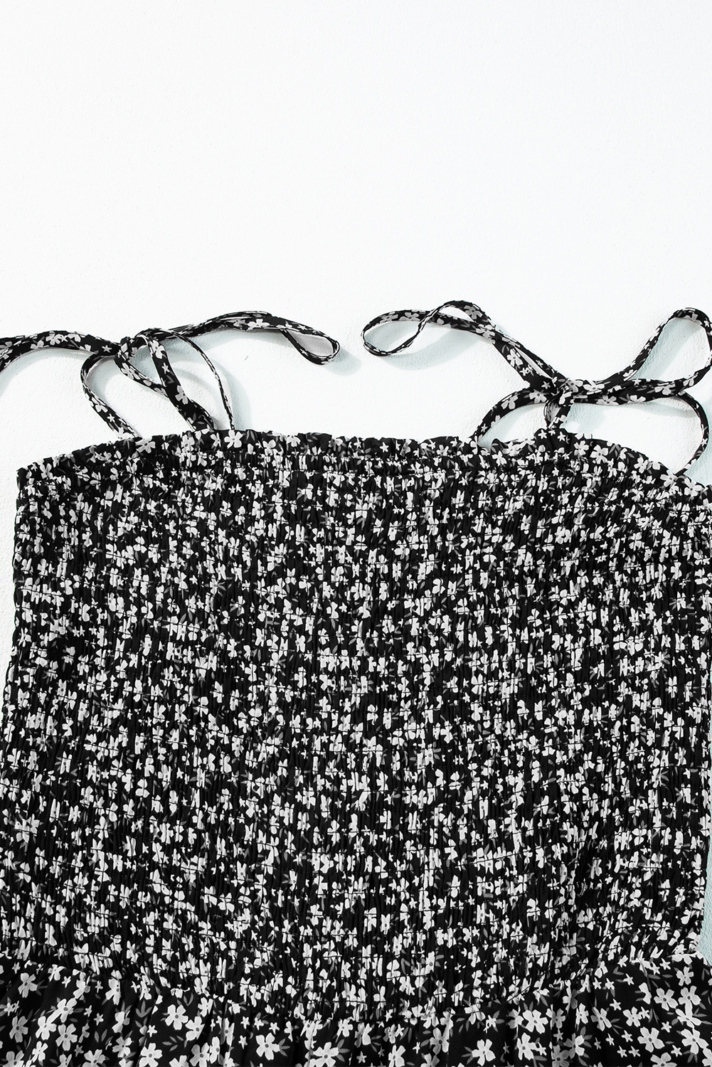 Black Thin Straps Smocked Bodice Wide Leg Floral Jumpsuit - Image 6