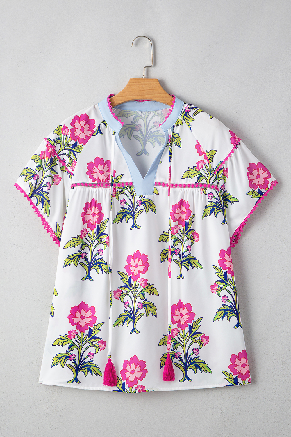 Rose Vintage Floral Print Contrast Notched V Neck Plus Size Summer Blouse - Image 4
