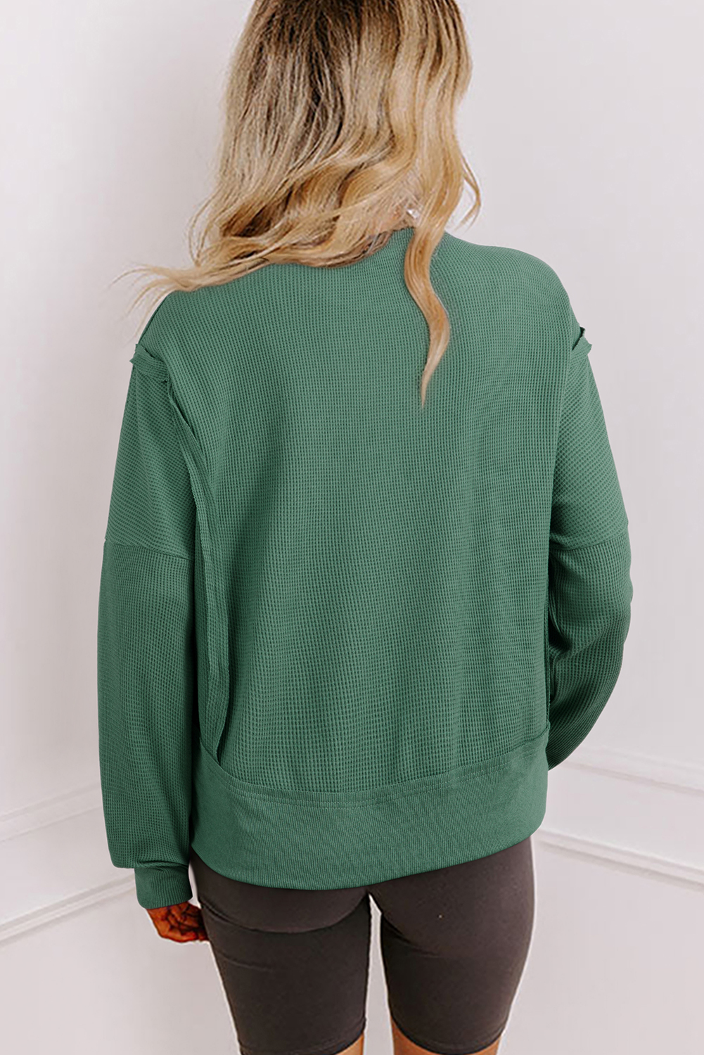 Evergreen Solid Color Raw Seam Patchwork Ribbed Drop Shoulder Sweatshirt - Image 2