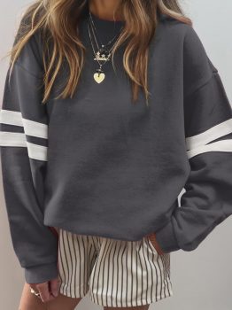 Dark Grey Varsity Striped Detail Drop Shoulder Oversized Sweatshirt