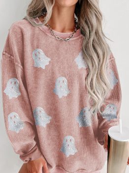 Pink Halloween Ghost Corded Crew Neck Loose Sweatshirt