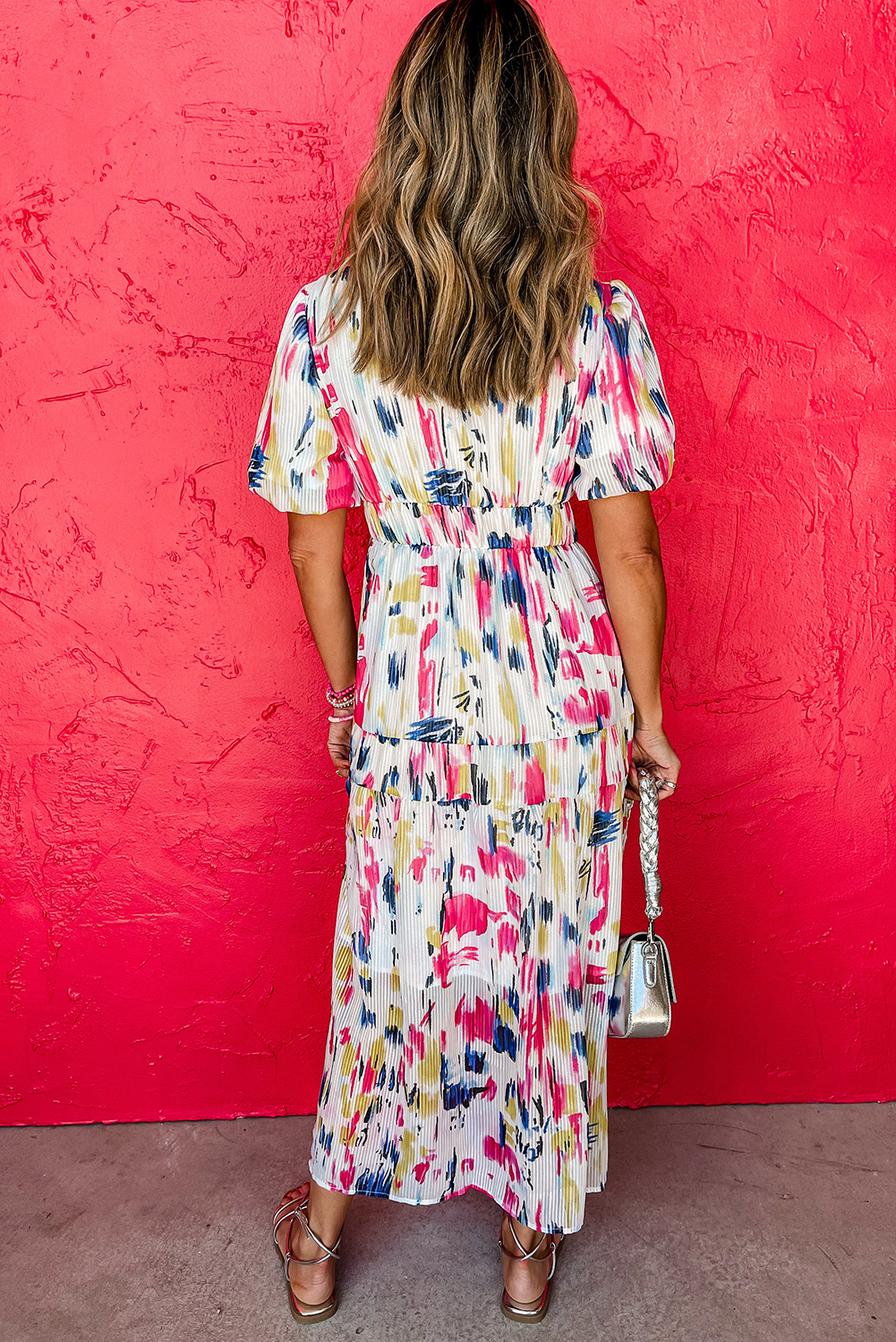Rose Abstract Print Short Puff Sleeve Tiered Maxi Dress - Image 8