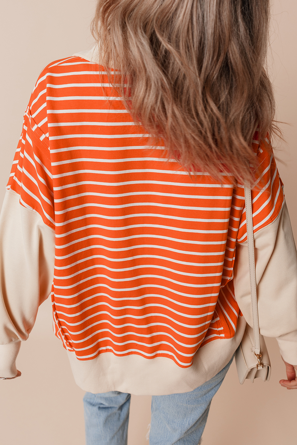 Orange Stripe Color Block Loose Fit Collared Drop Shoulder Sweatshirt - Image 2