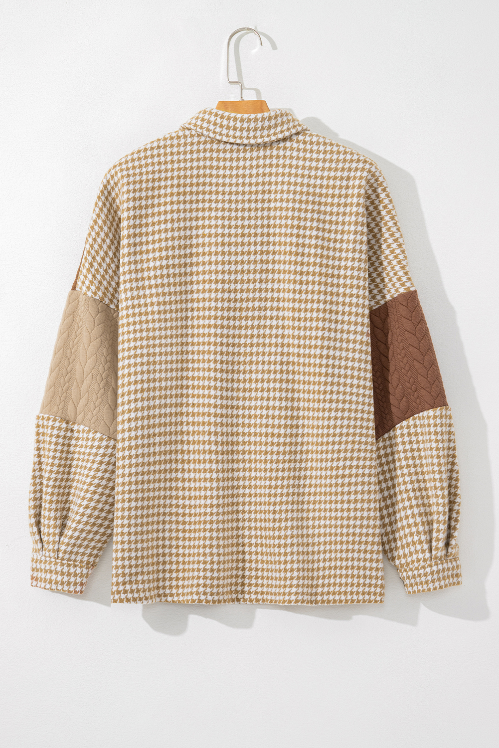 Khaki Houndstooth Color Contrast Textured Patchwork Loose Shacket - Image 8