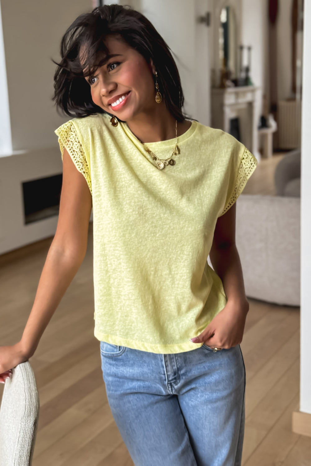 Yellow Cream Lace Patchwork Cap Sleeve Round Neck T Shirt - Image 2