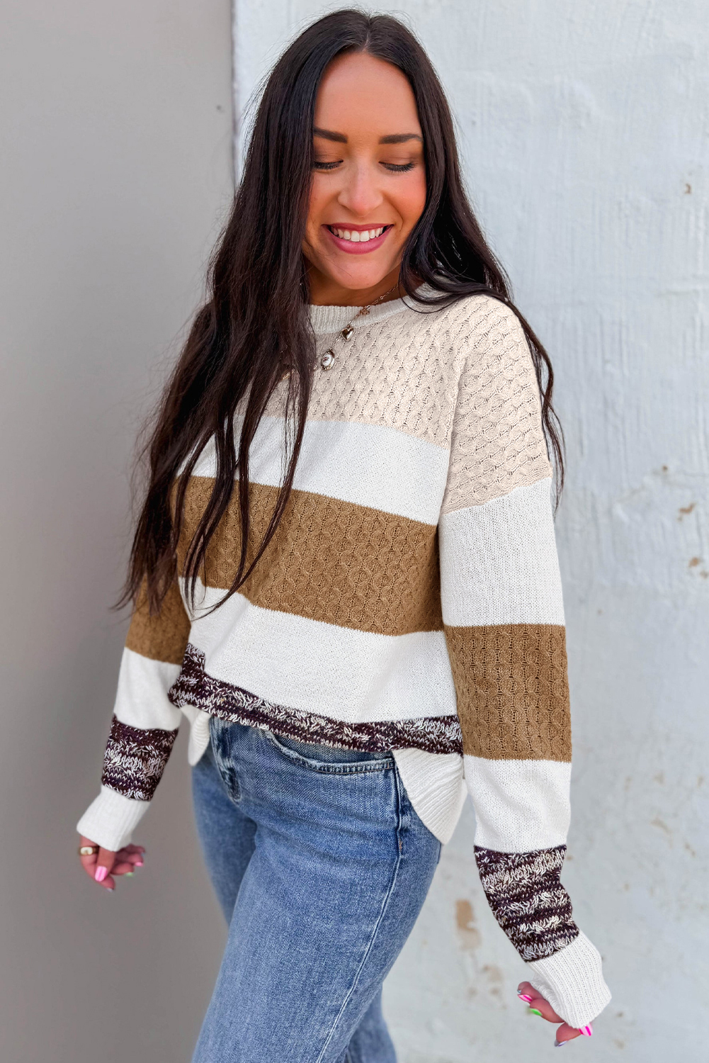 Brown Mixed Texture Knit Striped Color Block Loose Sweater - Image 4