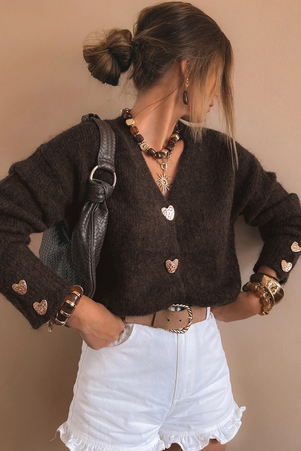 Chicory Coffee Heart Metal Button V Neck Cardigan Sweater - Image 5