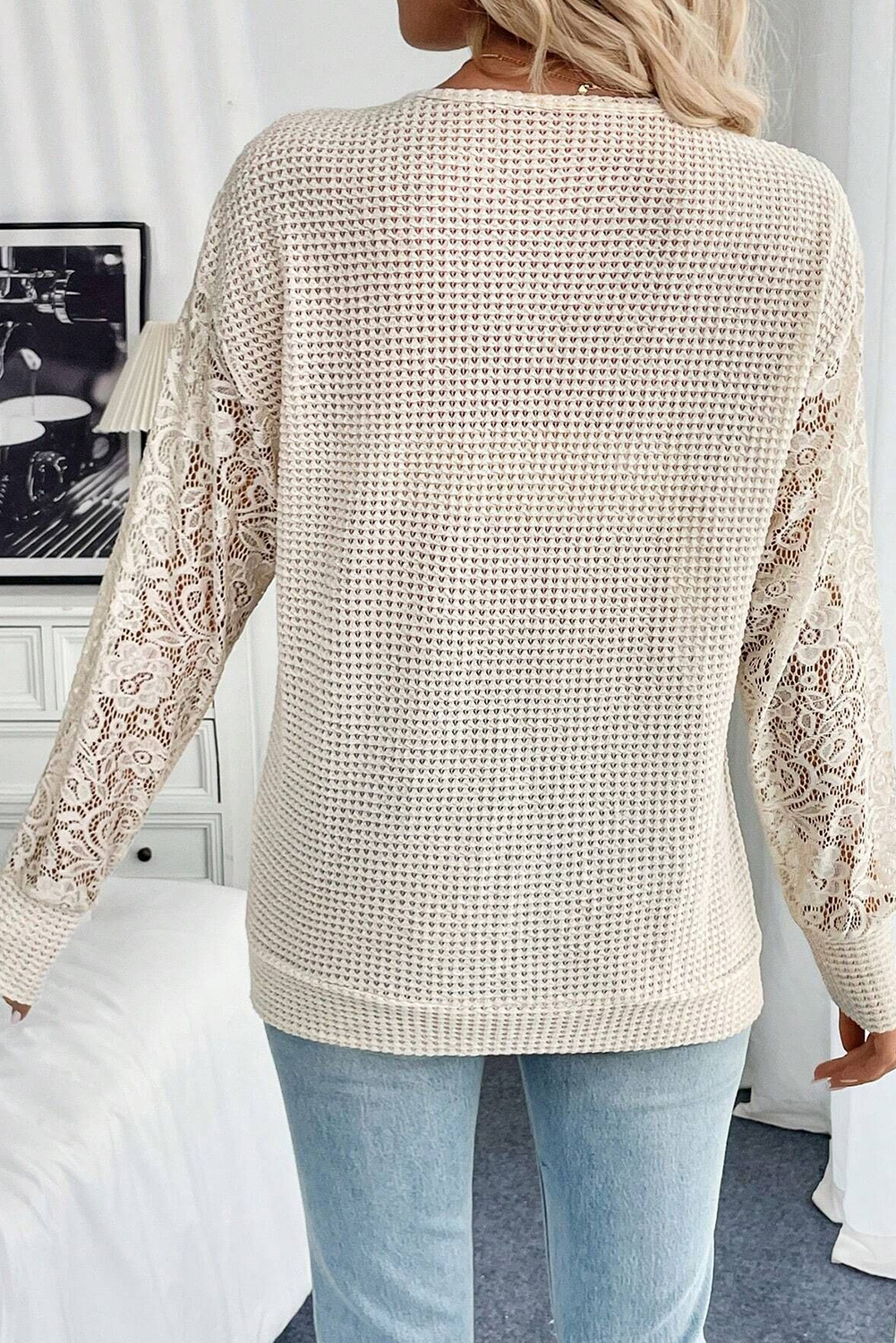 Beige V Neck Breathable Knit Drop Shoulder Lace Sleeve Patchwork Top - Image 2