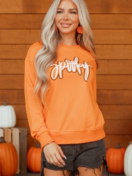Grapefruit Orange Spooky Graphic Halloween Crew Neck Holiday Sweatshirt