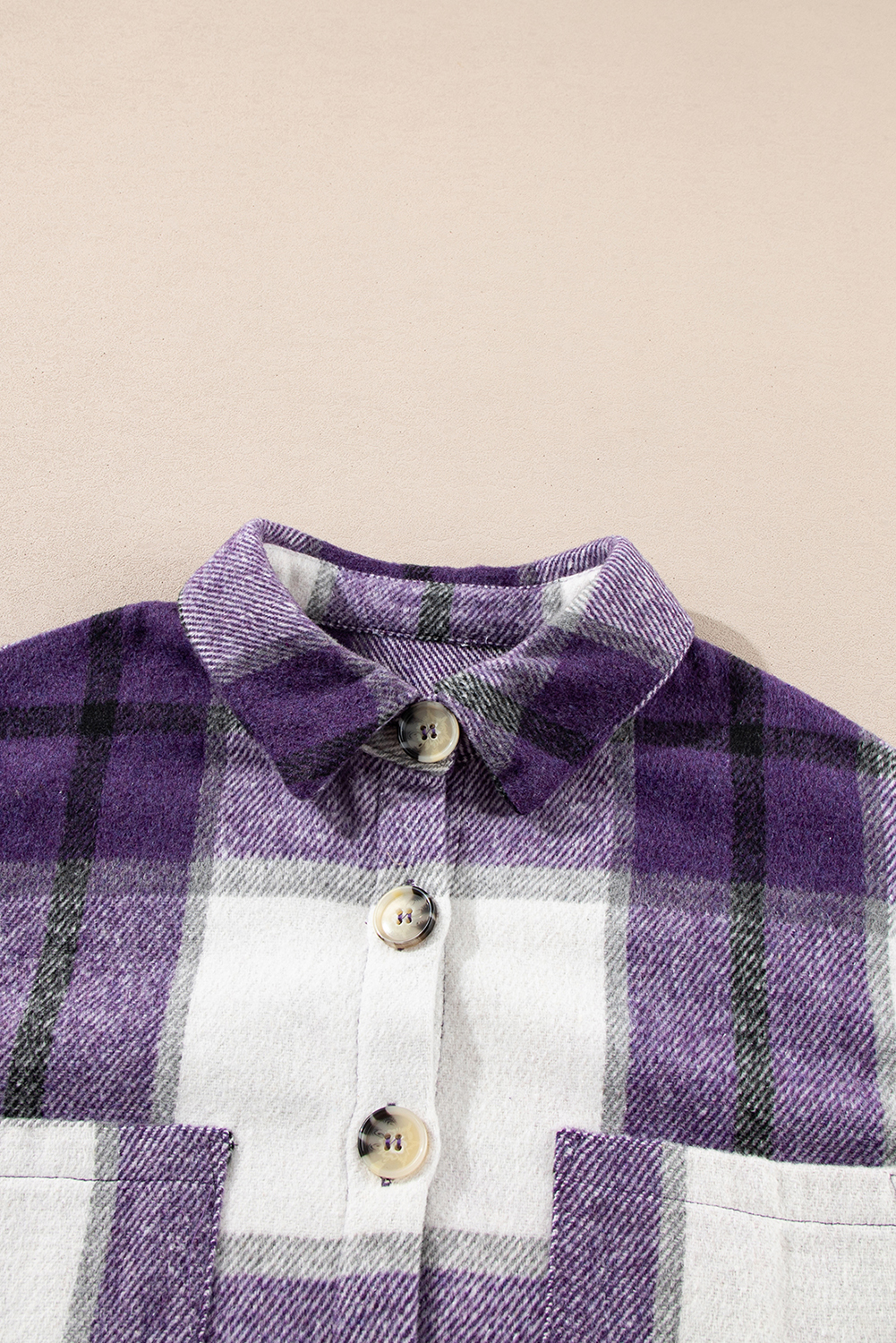 Purple Plaid Color Block Buttoned Long Sleeve Jacket with Pocket - Image 5