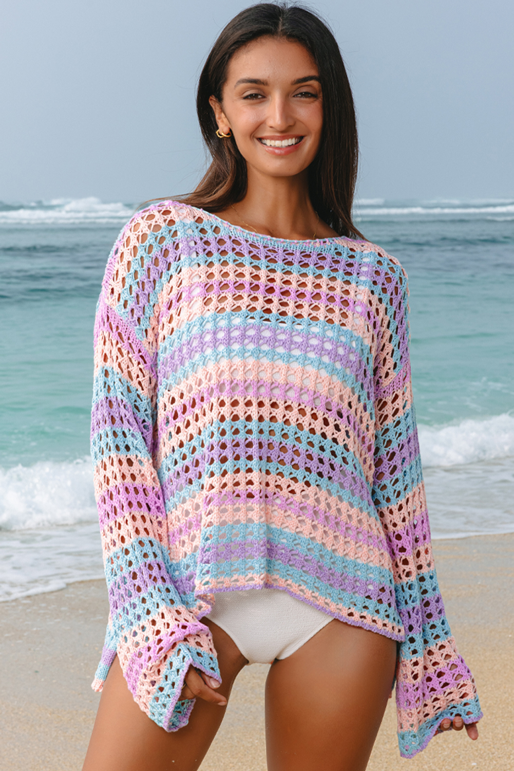 Purple Multi Stripe Open Knit Sweater Beach Cover Up - Image 6