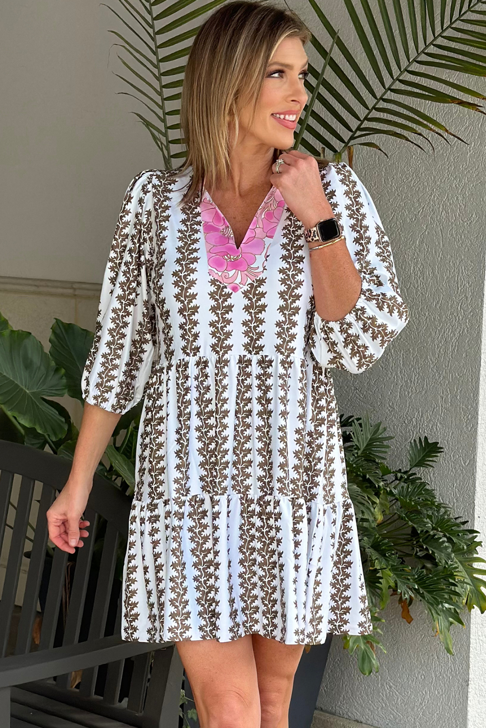 Black Contrast Floral V Neck Printed Bracelet Sleeve Dress - Image 2