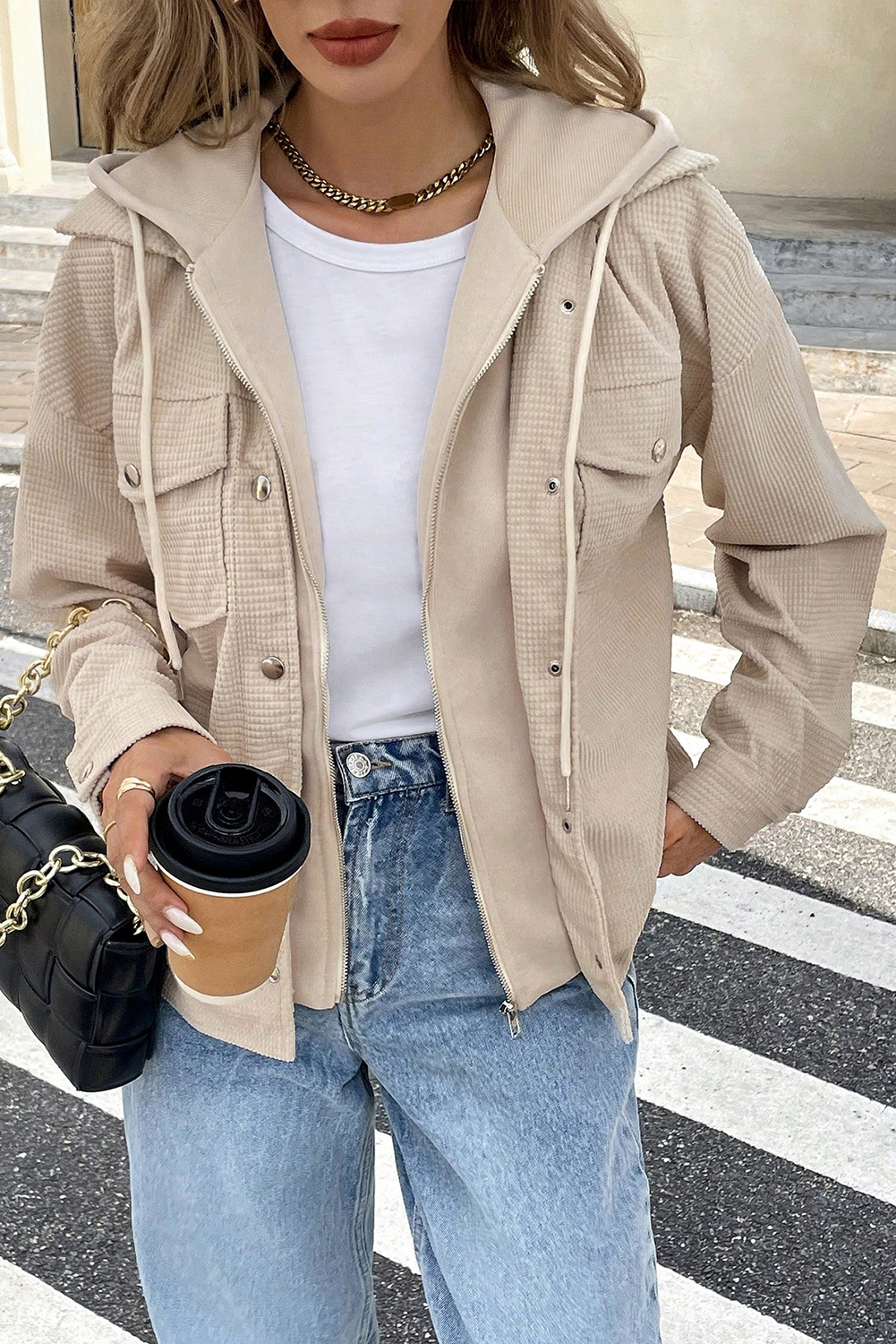 Beige 2 in 1 Thermal Knit Textured Hooded Jacket - Image 3