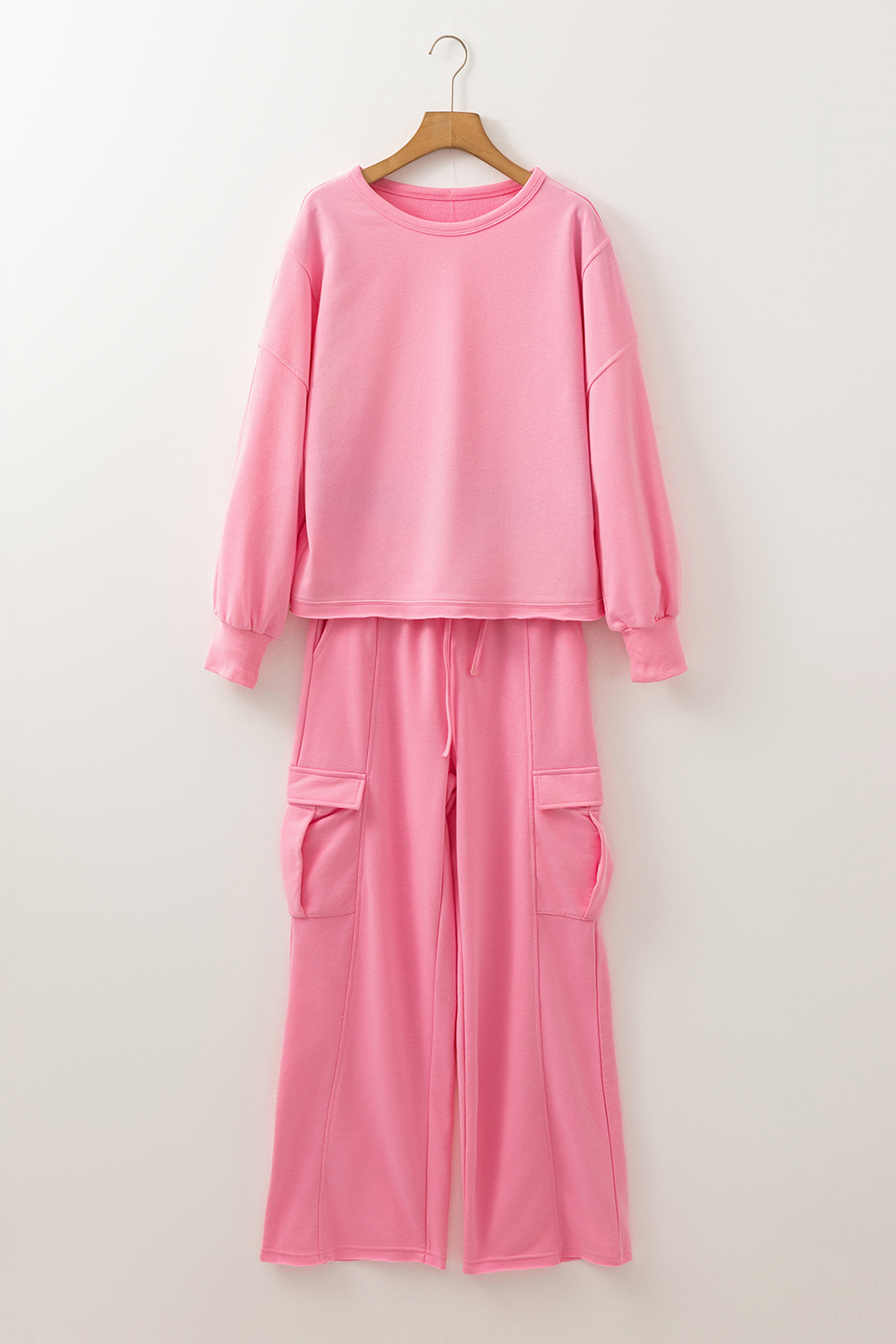 Sachet Pink Solid Color Patchwork Pullover Top and Cargo Pants Set - Image 4