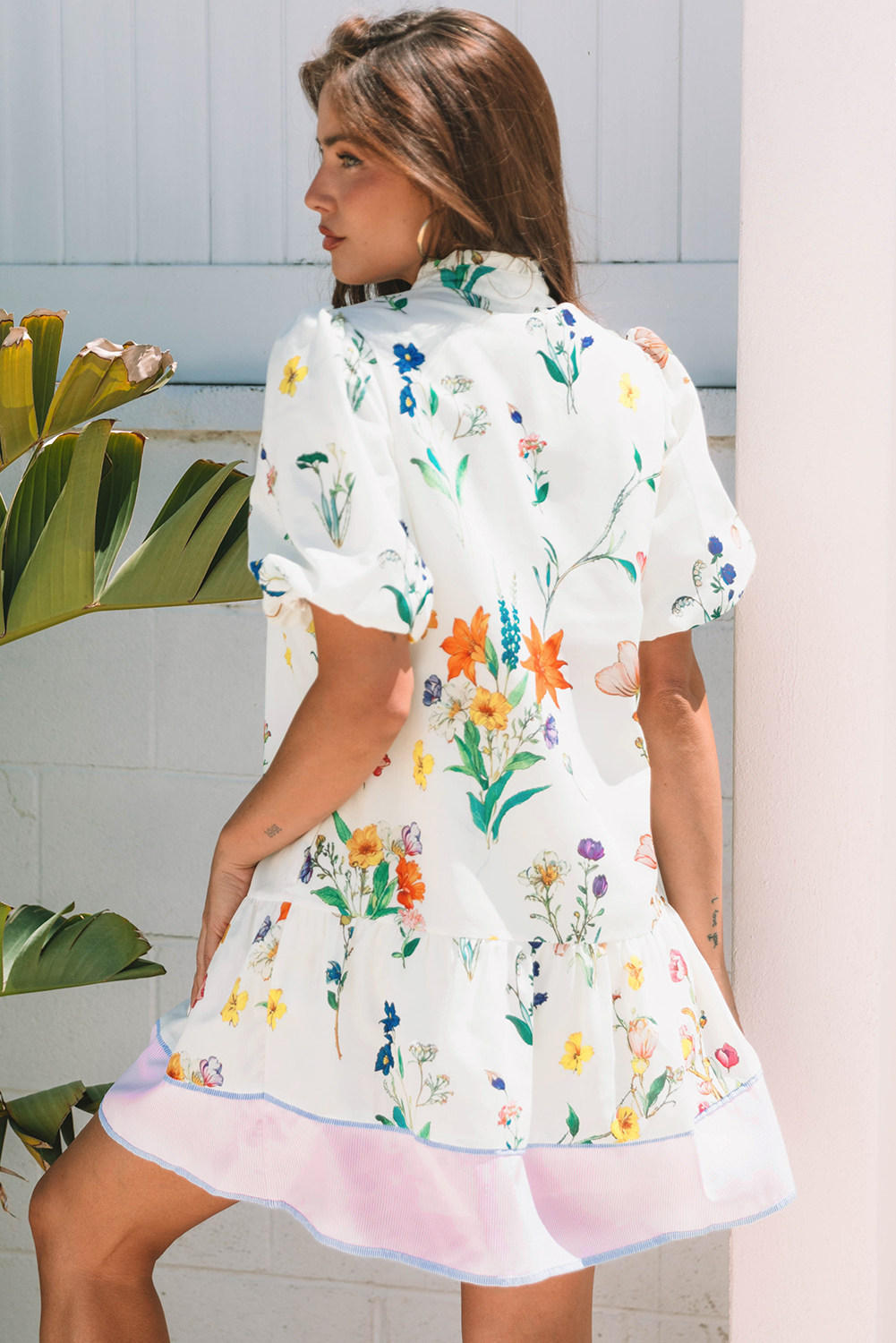 White Floral Print Contrast Striped Patchwork Short Puff Sleeve Dress - Image 2