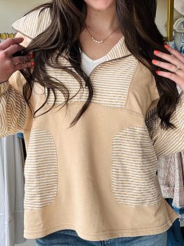 Smoke Gray Quarter Zip Striped Patchwork Drop Shoulder Loose Long Sleeve Top